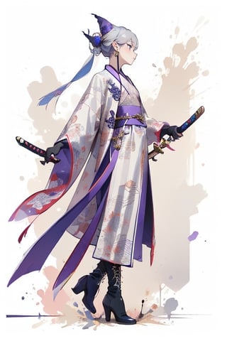 girl  dressed as a witch, pastel colors, purple colors, blue colors, green colors, shading, gray scale, hand drawn, 1girl, solo, simple background, long sleeves, Greatsword, long sword, long trench coat, jewelry, standing, full body, weapon, silver hair, earrings, black gloves, black footwear, high heels, from side, profile, makeup, chinese traditional dress, single hair bun, eyeshadow, high heel boots, sword stuck in the ground, hands hold the sword hilt in front of her chest,hanfu