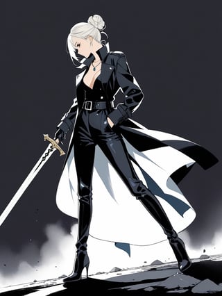 1girl, solo, simple background, gloves, long sleeves, Greatsword, long sword, long trench coat, jewelry, standing, full body, weapon, white hair, earrings, black gloves, pants, sword, hair bun, black footwear, high heels, from side, profile, makeup, black pants, single hair bun, eyeshadow, high heel boots, long huge sword stuck in the ground vertically, lay hands upon sword hilt in front of her chest, long hilt, girl