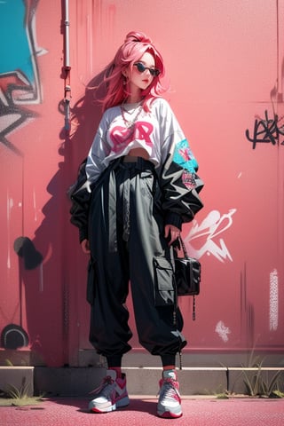 1girl, solo, breasts, coral-pink hair, (medium breasts:1.2), standing cool, hugging, full body, parted lips, front view, wearing Oversized white button-down shirt with the sleeves rolled up, Baggy cargo pants, Layered necklaces with a mix of chains and pendants, Chunky sneakers,  graffiti art background
,Illustration
