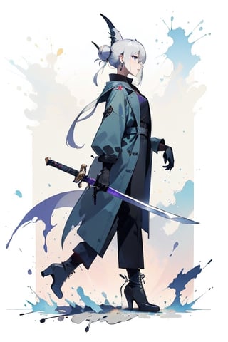 girl  dressed as a witch, pastel colors, purple colors, blue colors, green colors, shading, gray scale, hand drawn, 1girl, solo, simple background, gloves, long sleeves, Greatsword, long sword, long trench coat, jewelry, standing, full body, weapon, white hair, earrings, black gloves, pants, hair bun, black footwear, high heels, from side, profile, makeup, black pants, single hair bun, eyeshadow, high heel boots, sword stuck in the ground, hands hold the sword hilt in front of her chest, long hilt,