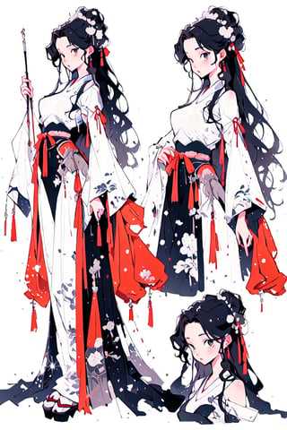 beautiful, masterpiece, best quality, extremely detailed face, long straight black hair, r, wand, (CharacterSheet:1), (multiple views, full body, upper body, reference sheet:1), back view, front view, (white background, simple background:1.2), large breasts, sexy pose, anime, white crop top,anime,Anime ,bzillust,1 page manga,1 girl,A Traditional Japanese Art,ancient_beautiful