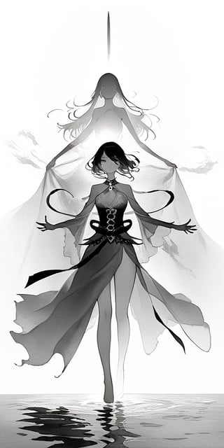 A hauntingly beautiful scene unfolds: a faceless, tall, and slender Asian woman strides purposefully towards us, her imposing figure silhouetted against a crisp white background. Her gaze is fixed ahead as she grasps an outstretched sword in one hand and a dagger in the other, her movements deliberate and powerful. Beside her, Cerberus looms large, its razor-sharp fangs glinting menacingly in the dim light. Smoke swirls around us, like mist on the water's surface, as the woman and the three-headed hound move in tandem, their forms stark against the monotone backdrop, an otherworldly atmosphere enveloping all.