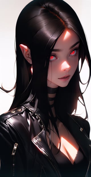 \\Beautiful 20 year old woman\\, (red eyes), glowing eyes:1.4, ((black hair)), bangs, long_hair, hourglass body shape, detailed eyes, normal breasts quality, slim waist, (slim thick body), ((medium portrait)), in a sheer bra wearing biker jacket