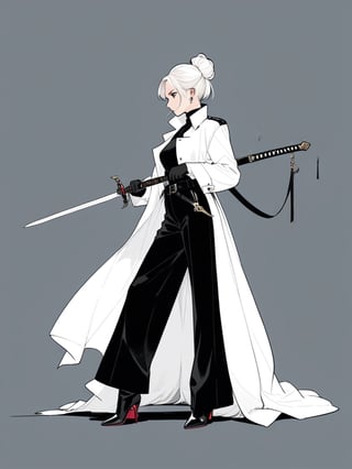 1girl, solo, simple background, gloves, long sleeves, Greatsword, long sword, long trench coat, jewelry, standing, full body, weapon, white hair, earrings, black gloves, pants, sword, hair bun, black footwear, high heels, from side, profile, makeup, black pants, single hair bun, eyeshadow, high heel boots, sword stuck in the ground, lay hands upon sword hilt, long hilt,girl,lineart