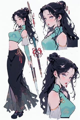 beautiful, masterpiece, best quality, extremely detailed face, long straight black hair, r, wand, (CharacterSheet:1), (multiple views, full body, upper body, reference sheet:1), back view, front view, (white background, simple background:1.2), large breasts, sexy pose, anime, white crop top,anime,gongbiv,Chinese style