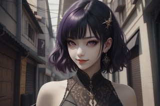 1girl, dark purple hair, red eyes, sharp, arrogant, arrogant smile, wearing stylish clothes, fantasy detailed background, detailed body, detailed face, detailed eyes