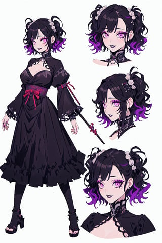 beautiful, masterpiece, best quality, extremely detailed face, brown skin, chest exposed, kimetsu no yaiba , bob cut, short hair, multicolored hair, makeup , parted lips, black lips, eyeliner, gothic, goth girl,
her hair is styled in a bob with bangs. the tips of her hair are dyed red, wand, (CharacterSheet:1), (multiple views, full body, upper body, reference sheet:1), back view, front view, (white background, simple background:1.2), large breasts, sexy pose, seductive smile,Mitsuri Kanroji
