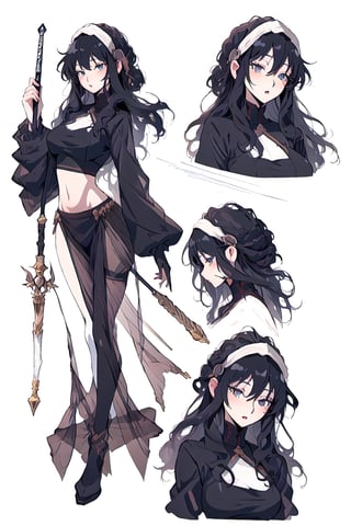 beautiful, masterpiece, best quality, extremely detailed face, long straight black hair, r, wand, (CharacterSheet:1), (multiple views, full body, upper body, reference sheet:1), back view, front view, (white background, simple background:1.2), large breasts, sexy pose, anime, white crop top,anime