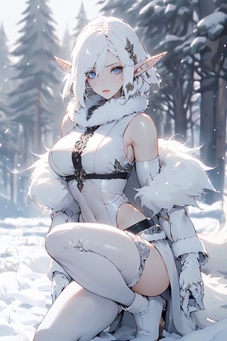((top-quality, 8K, masterpiece:1.3)),, Beautiful crystal blue eyes, white  shining hair, long elvish braid,  Elf Maiden, winter night image, snowflakes, Mature, huge stunning goddess shot, the extremely hot and sexy, powerful and huge, jaw dropping beauty, goddess of Japan, very Bigger breasts, Big ass, (thigh visible), in the snow, Beautiful woman with perfect body shape:1.4, Slender Abs:1.1, Highly detailed facial and skin texture, A detailed eye, (looking at from the front), Look at the camera, ((1girl in, perfectly proportions, Beautiful body, Detailed skin, Detailed eyes:1.5)), ((perfectly proportions, Beautiful body, showing your whole body:1.5)), ((wearing a white leather tunic fur trim, intricate clothing, waistband, fur collar, animal fur clothing, fur trim gloves:1.5)), ((beautiful young Elf lady with white hair:1.5)), ((Everything is sparkling, reflecting light:1.2)), blue sky, valley, mountains, trees,  Snowing, (From knee to chest:1.5),  (portrait),midjourney,oda non , xxmix_girl