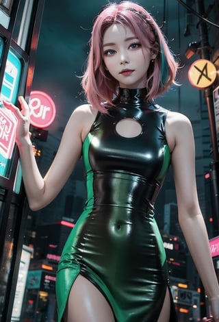 Here's the SD prompt:

A masterpiece of cyberpunk beauty, a stunning 17-year-old girl with pink hair and undercut gaze directly at the viewer from below, her delicate features illuminated by dimly neon light. She wears an asymmetrical hairdo with tiny graffity art on her forehead protector, adorned in a sleeveless high slit short dress. Her jade green eyes sparkle intensely as she reaches out with perfect hands and anatomy. Fisheye camera captures the intricate details of her clothes and face, while Cinestill 800 tungsten film adds warmth to the scene. Trending on ArtStation, this photo-realistic image is a hyper-realistic masterpiece, shot in 8K UHD with RAW photo quality.