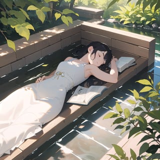 Realistic, CG style, on a hot summer day, the soft sunlight casts mottled light and shadow through the leaves. A teenage girl in a thin dress is lying on a Japanese-style wooden platform on the pond, taking a nap next to an open book, a glass of icy drink. Peaceful and peaceful atmosphere, beautiful, elegant, very detailed, establishing shot