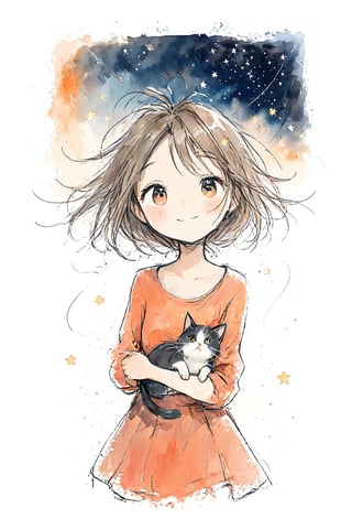 1girl, minimalist style, simple lines, light and elegant watercolor blooming, starry sky background, beautiful and elegant girl, with a little cat next to her, romantic, playful, cute and childlike.,lineart,Flat Design,Flat vector art,cute comic