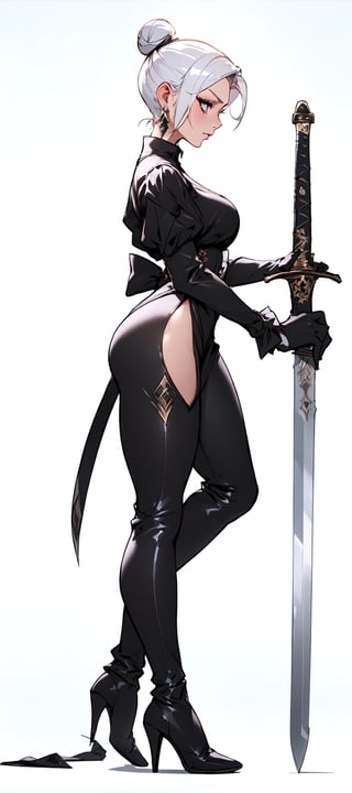 1girl, solo, simple background, gloves, long sleeves, dress, jewelry, standing, full body, weapon, white hair, earrings, black gloves, pants, sword, hair bun, black footwear, high heels, from side, profile, makeup, black pants, single hair bun, eyeshadow, high heel boots, planted, planted sword, hands on hilt and stand the sword on the ground