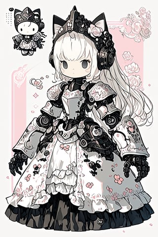 (HELLO KITTY),Princess Knight, pink and white knight's armor, with the helmet featuring the adorable face of cat, armor is adorned with intricate lace and frills, emitting a sweet fragrance,sticker,mecha, mechanical arms
