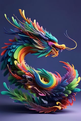 dragon from a side view, minimalistic colourful organic forms, energy assembled, layered, depth, alive vibrant, 3D, abstract, full body, no humans, powerful claws, majestic tail, sweeping intricate horns, floating particles, eastern dragon, shadow