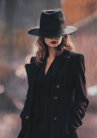 real, a woman, hat, long coat, smoking, gangster, underground business, raining, cool, close up shot,90s vibe, clean shot, peaky blinders style, black suit,colored background ,pencil sketch, sharp eyes, side view