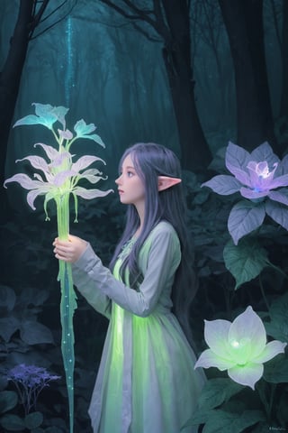 Ultra detailed illustration of a elf lost in a magical world full of wonders forest, unique luminous flora, highly detailed, pastel colors,  digital art, art by Mschiffer, night, dark, grey bioluminescence, darkness background, 1girl