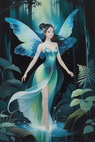 In the eerie avant-garde gouache painting, an ethereal bioluminescent female floats effortlessly amidst a darkened forest. The seducers body emanates a surreal glow, its fragile translucent wings emitting a soft, otherworldly light. Delicately painted details highlight the intricate patterns on her iridescent skin, reflecting a captivating dance of vibrant greens and blues. The artist's masterful brushstrokes capture the temptress alluring mystique, creating a mesmerizing image that transports viewers to a hauntingly beautiful realm.,chinese ink drawing