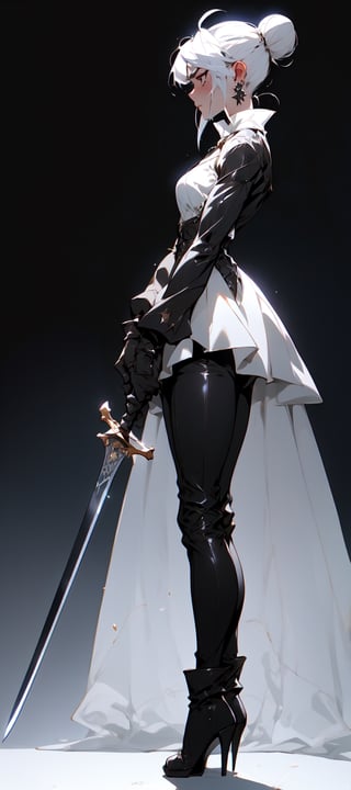 1girl, solo, simple background, gloves, long sleeves, dress, jewelry, standing, full body, weapon, white hair, earrings, black gloves, pants, sword, hair bun, black footwear, high heels, from side, profile, makeup, black pants, single hair bun, eyeshadow, high heel boots, planted, planted sword, hands on hilt and stand the sword on the ground,niji5