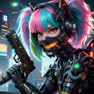 Close-up shot of a female cyborg, Bob-Cut hair vibrant with colorful hues, framing her intense expression. A scratch mask with cat-ear headphones and nun headscarf adorn her face, juxtaposed with tactical armor plating and a sharp black dragon's head with neon accents. Her beautiful girl features blend seamlessly with infected machine parts. Crouched in fighting stance, she grasps a gun amidst futuristic hair infected with glowing strands, set against the blurred cityscape of a terminal station. Golden flames blaze within chromatic spots on her black eyeballs, evoking Nijistyle aesthetics within the deva battle suit's armor shell.,reelmech, mechanical parts, joints,nijistyle