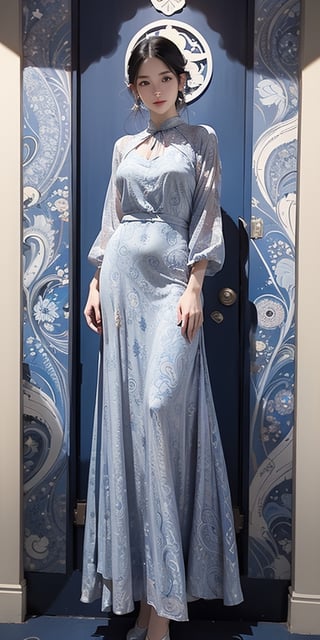 a woman in a sheer dress with a white paisley print, retro and ethereal, 1930s style clothing, paisley, astral dress, prints, blue swirling dress, lookbook, full length view, navy, dressed in ornate, patterned clothing, witchy clothing, h704, 1940s, h768
