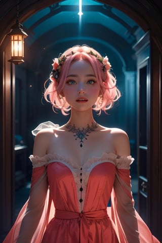 A dreamy illustration depicts a lone figure, evoking Coraline's mystique. The girl, bathed in moonlit luminescence, stands poised before a creaking doorway, her porcelain complexion aglow like a lantern in the darkness. Her coral-pink gown ripples softly, mirroring the film's signature buttons, as she tilts her head with equal parts curiosity and trepidation, her gaze lost to the unknown shadows beyond the threshold.