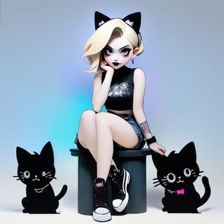 sticker design, Super realistic, full body, a girl with cat ears, short light blonde hair, the ends of her hair dyed lavender, black lipstick, black eyeliner, headphones hanging around her neck, flying goggles on her head, black goth punk Dressed in a short-sleeved hollow top, tight jeans, and a work fanny pack, sitting on a small stool with her elbows on knees and her chin on palms, showing a thinking expression and her mouth slightly poutted. Simple light gray background.