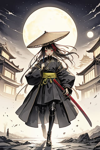 masterpiece, best quality, 16K, (HDR), high resolution, (1 big moon in the dark night), In the dead of rainy night, a female swordsman wearing a bamboo hat, detailed face, carrying a long sword and lowering her head, walks alone on the ancient streets of the mountain city that are hung with various signboards and lanterns and stretches all the way up. A huge sea fish with a ferocious face and a bloody mouth swoops down from high in the sky. It is super realistic, (full length body)+(Dutch angle shot), (highly detailed background of ancient Japanese achitechture + cyberpunk buildings with neon lights:1.2) , (dynamic pose), perfect fingers, (intense light), intense atmosphere with Dutch angle, ((holding an delicated old sword)), Cyberpunk,C7b3rp0nkStyle,A Traditional Japanese Art,perfect, cyberpunk style, more details, chinese ink painting,Mechanical fish,nodf_lora,Samurai girl