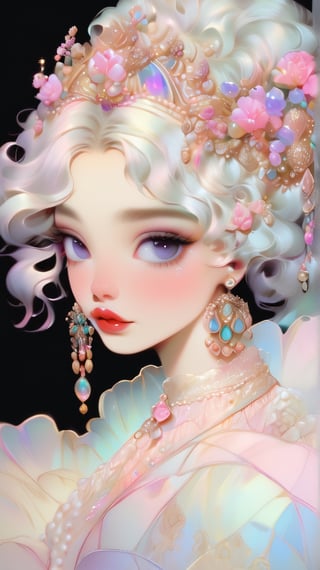 portrait, blowing messy hair, multicolored hair, coiffure, jewelry, many jewels, elegance, flowers on hair, lace gown, pale skin, South Korean lipstick, large lips, gradient lipstick, thick eyebrows, moonlight, pearls, plump lips, acrylic, fantasy, detailed eyes, detailed fingers, realistic eyes, drawn pupils, white eyelashes, shine watercolor, detailed face, bright, bright eyes, jewelry, variegated hair, dancing glow, super-detailed face