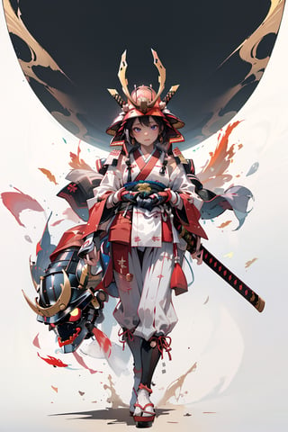 masterpiece,best quality,cinematic lighting, soft Light,Cute Japanese girl standing,legs apart,(frontal body:1.2),short stature,very cute,bangs,beautiful black hair,hair bun,round face,cute round eyes,(big smile),athletic body,white skin,beautiful kimono,katana,(hold up samurai helmet:1.2),full body,from front,perfect hands,from a distance,samurai
BREAK
(in front wallpaper of Three carp streamer,beautiful colorful carp streamer:1.1),(simple background,bright white background:1.2),