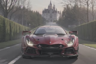 (ultra-detailed, best quality, masterpiece, photo-realistic, 8K wallpaper),dreamy and gothic fantastic atmosphere,pretty girl drive a car in green hell,beautiful prototype racing car on the road,meny winglet,light on,Racing car color is red with white and black.A car with fantasic armored decoration,A winding road with height differences,(front view:1.2),ASURADA_GSX
BREAK
(A castle can be seen beyond the deep forest),post-Impressionist