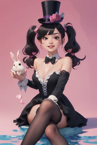 (masterpiece of watercolor,high color:1.1),photo-realistic,18 years old,very short stature,solo,happy,pretty Idol girl sitting frontal body,(mini top hat on rabbit on her head:1.2),holding rabbit,legs apart,plump round face,(black eyes,round eyes),slender body girl,medium breast,gothic-lolita dress with lace decoration,lace stockings,pumps,straight black hair,(twin-tails:1.2),bangs,heart paint on cheek,from front,full body,(ultra-detailed rabbit:1.1)
BREAK
simple background,PINK background,broken water color,(colorful heart shapes are scattered),rabbit,cartoon,post-Impressionist