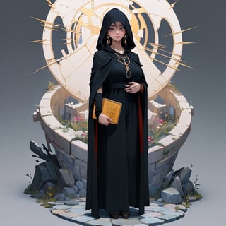 (isometric 3D model:1.1).(ultra-detailed,best quality,masterpiece,finely detail,high res,8K RAW photo,realism),solo,(22 years old,she is a gentle witch,beautiful girl,standing on cobblestone,frontal face,frontal body,isometric view,full body:1.2),(wearing black dress and cloak.holds a magic wand in her right hand. In her left hand she holds a magic book.hood up:1.2),(beautiful straight black hair,very long hair,bangs:1.1),(round face,large-pupils,droopy eyes,medium body,big breasts:1.2),(large earrings,necklace),isometric,diorama,bloom,high lights.(from a distance.long shot:1.2)
BREAK 
(simple background,background color is white:1.3),nodf_lora,fantasy