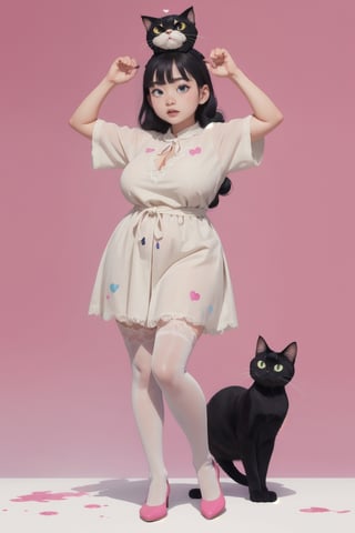 (masterpiece of watercolor,high color:1.1),realism,16 years old,very short stature,solo,pretty Idol girl standing  frontal body,(black cat on her head),paw pose:1.1),legs apart,plump round face,(droopy black eyes,round eyes),slender body girl,natural big breast,tunic dress and long skirt with lace decoration,lace stockings,pumps,black hair,straight long hair,low twin-braids,bangs,heart paint on cheek,look up,(cross-eyed:0.3),from front,full body,ultra-detailed cat
BREAK
simple background,PINK background,broken water color,(colorful heart shapes are scattered),cat,cartoon,post-Impressionist,better_hands