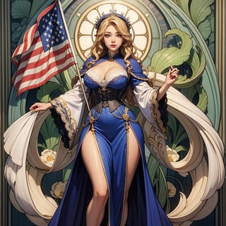 masterpiece,8K wallpaper,(photo-realistic:0.1),best quality,A masterpiece of Art Nouveau style illustration,The goddess of victory standing wide stance,wearing Art Nouveau style clothes,fluffy lacy dress,corset,fluffy long_skirt,(holding flag,French flag:1.2).(picture of Liberty Leading the People:0.5),Glamorous thick body, beautiful big breasts, white skin,blonde, wavy hair bun,Japanese girl's face,girl,from front,full body