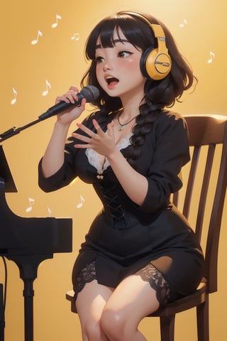 masterpiece of watercolor,soft Light,best quality,16 years old,Japanese Girl singing in recording studio,playing piano,sitting on baroque chair,microphone stand,short stature,very cute,(bangs,fluffy black short-hair,twin-braids),round face,cute round droopy eyes,(closed eyes:0.4),(blush:1.2),(open mouth),plump cheeks,medium body,gigantic breast,thin waist,wide hips,muscular thick legs,white skin,(headphones:1.1),earring,necklace,black baroque style long dress,corset,lace stockings,perfect hands,front view,bust shot
BREAK
(simple background,light-yellow background,many Music notes:1.3)