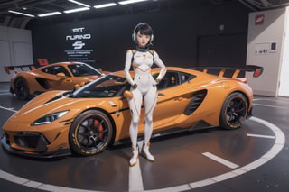 Masterpiece,best quality,space fantasy atmosphere,(A girl standing upright,perfect body,bangs,various hair style),very pretty japanese girl,round face,cute eyes,(various body shape,body thickness,breast size and torso length.),wearing beautiful bodysuit,camel toe,space fantasy style headset,earrings,wide shot,full body
BREAK
Perfect white Racing cars parked side by side on the circuit,in the pit lane,black hyper-cars,from front