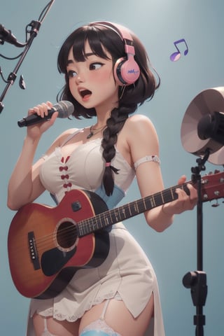 masterpiece of watercolor,soft Light,best quality,16 years old,Japanese Girl singing in recording studio,playing electric acoustic white guiter,standing in front of a microphone stand,short stature,very cute,(bangs,fluffy black short-hair,twin-braids),round face,cute round droopy eyes,(closed eyes:0.4),(blush:1.2),(open mouth),plump cheeks,medium body,gigantic breast,thin waist,wide hips,muscular thick legs,white skin,(headphones:1.1),earring,necklace,black Rococo style long dress,corset,lace stockings,perfect hands,isometric view,bust shot
BREAK
(simple background,light-blue background,flying Music notes:1.3)