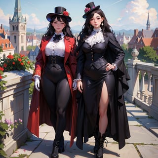 (masterpiece of photo-realistic,RAW photo,portrait,ultra-detailed,best quality,8k wallpaper),bloom,16yers old,Two little girls standing on the stairs,close together,white frills blouse,velvet jacket,long_skirt or pants,stockings,platform boots,mini top hat with flower motif,perfect face,big simile,blushing,lacy gloves,gemstones earrings,lacy frills cape,bangs,straight long hair,curvy body,wide hips,thick-thighs,frontal body,front view,from front
BREAK
(in the gothic city.Gothic castle can be seen in the distance,),in front vintage car,More Detail