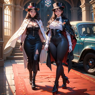 (masterpiece of photo-realistic,RAW photo,portrait,ultra-detailed,best quality,8k wallpaper),bloom,16yers old,Two little girls standing on the stairs,close together,white frills blouse,velvet jacket,long_skirt or pants,stockings,platform boots,mini top hat with flower motif,perfect face,big simile,blushing,lacy gloves,gemstones earrings,lacy frills cape,bangs,straight long hair,curvy body,wide hips,thick-thighs,frontal body,front view,from front
BREAK
(in the gothic city.Gothic castle can be seen in the distance,),(vintage car:1.3),More Detail