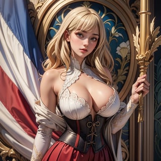 (masterpiece,photo-realistic,RAW photo,8K wallpaper),best quality,A masterpiece of Art Nouveau style illustration,The goddess of victory standing wide stance,wearing Art Nouveau style clothes,fluffy dress,corset,fluffy long_skirt,(holding the French flag:1.2). Glamorous thick body, beautiful big breasts, white skin,blonde, bangs,wavy medium hair,Japanese girl's face