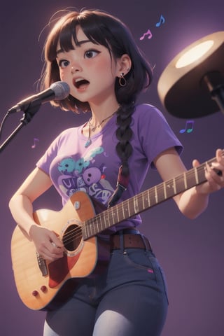 masterpiece of watercolor,soft Light,best quality,16 years old,Japanese Girl singing in recording studio,playing red electric guiter with strap,a microphone stand,short stature,very cute,(bangs,fluffy black short-hair,twin-braids),round face,cute round droopy eyes,(closed eyes:0.4),(blush:1.2),(open mouth),plump cheeks,medium body,gigantic breast,thin waist,wide hips,muscular thick legs,white skin,earring,necklace,punk T-shirt,belt,jeans,perfect hands,front view,from front,bust shot
BREAK
(simple background,light-purple background,many Music notes:1.3)
