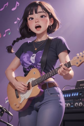 masterpiece of watercolor,soft Light,best quality,16 years old,Japanese Girl singing in recording studio,playing white electric guiter with strap,short stature,very cute,(bangs,fluffy black short-hair,twin-braids),round face,cute round droopy eyes,(closed eyes:0.5),(blush:1.2),(open mouth),plump cheeks,medium body,gigantic breast,thin waist,wide hips,muscular thick legs,white skin,sweaty skin,earring,necklace,gothic T-shirt,belt,jeans,perfect hands,front view,from front,cowboy shot
BREAK
(simple background,light-purple background,many Music notes:1.3)