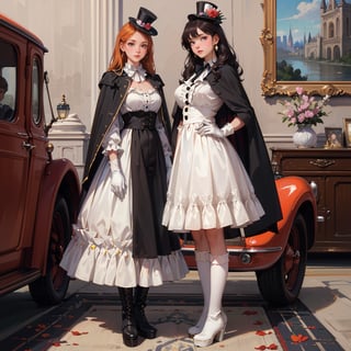 (masterpiece of photo-realistic,RAW photo,portrait,ultra-detailed,best quality,8k wallpaper),bloom,16yers old,Two little girls standing on the stairs,close together,white frills blouse,velvet jacket,long_skirt,stockings,platform boots,mini top hat with flower motif,perfect face,big simile,blushing,lacy gloves,gemstones earrings,lacy frills cape,bangs,straight long hair,skinny body,large breasts,frontal body,front view,from front
BREAK
(in the gothic city.Gothic castle can be seen in the distance,),(vintage car:1.3),More Detail
