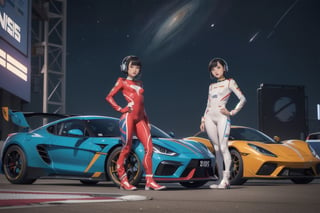 Masterpiece,best quality,space fantasy atmosphere,(A girl standing upright,perfect body,bangs,various hair style),very pretty japanese girl,round face,cute eyes,(various body shape,body thickness,breast size and torso length.),wearing beautiful bodysuit,camel toe,space fantasy style headset,earrings,wide shot,full body
BREAK
Perfect Racing cars parked side by side on the circuit,in the pit lane,various color hyper-cars,from front
