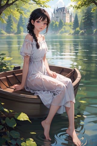 masterpiece,cowboy shot, portrait,Fantastic and dreamy atmosphere,very cute Idol face,Two aristocratic girls is resting in the shade of a tree by the lake, sitting leaning against a tree,in deep forest,A large castle can be seen beyond the deep forest.Fantasic dress,barefoot,black hair,braided,happy,smile,small boat on the lake