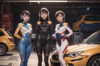 Masterpiece,best quality,space fantasy atmosphere,(Three girl standing upright,perfect body,bangs,various hair style),very pretty japanese girl,round face,cute eyes,(various body shape,body thickness,breast size and torso length.),wearing beautiful bodysuit,camel toe,space fantasy style headset,earrings
BREAK
in front parked one car in garage,in the car garage,white and gold formula car