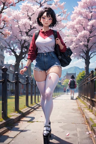 (masterpiece:1.1), (high-resolution:1.1), best quality, extremely detailed, 8K wallpaper,18 years old,Two girls walking under the cherry blossom trees, very athletic body,natural breasts,thick legs, very short hair, beautiful black hair, smile, white tuinic dress,denim hot pants,,black tights,platform shoes and black backpack,front view,fantasy00d