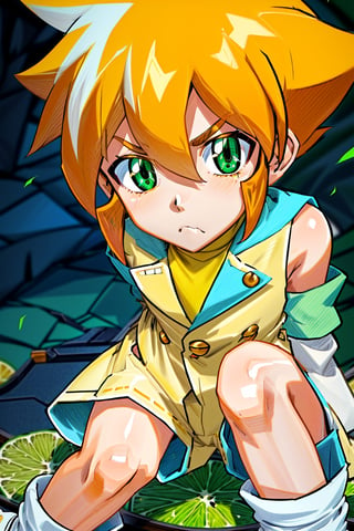 Perrito 1boy, solo, yellow shirt, white tunic (sky blue sleeve ends), green eyes, orange hair, fluffy hair, pale skin, white shorts (knee-length), lapels with lime green markings, white boots (mid-calf length), close-up, apathetic face, looking at viewer, NUDITY , TRASERO