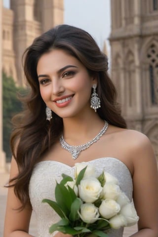look like ((Huma Qureshi,Gauahar Khan)),((dont change face)),realistic body skin, brown eye ,white teeth,(RAW photo, best quality),(realistic, photo-Realistic:1.3), best quality, masterpiece, beautiful and aesthetic, 16K, (HDR:1.4), high contrast,background is Gothic cathedral,magnificent cathedral,great hall,beautiful stained glass, arched window,1 girl, beautiful indian girl,holding buquet, wearing wedding_dress,bare legs,wedding_band,veil,bridal hair, happy laugh, solo, {beautiful and detailed eyes}, dark eyes, calm expression, delicate facial features, ((model pose)), Glamor body type, (dark hair:1.2), simple tiny earrings, simple tiny necklace,very_long_hair, hair past hip, bangs, curly hair, flim grain, realhands, masterpiece, Best Quality, 16k, photorealistic, ultra-detailed, finely detailed, high resolution, perfect dynamic composition, beautiful detailed eyes, eye smile, ((nervous and embarrassed)), sharp-focus, full_body, cowboy_shot,